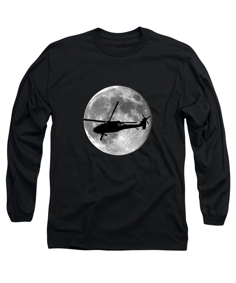 Helicopter T-shirt Long Sleeve T-Shirt featuring the photograph Black Hawk Moon .png by Al Powell Photography USA