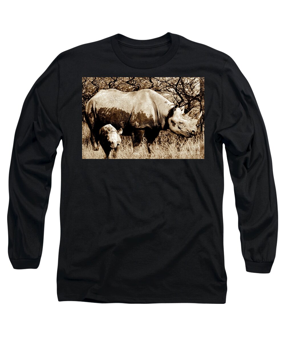 Rhinoceros Long Sleeve T-Shirt featuring the photograph Black Rhino and youngster by Baggieoldboy