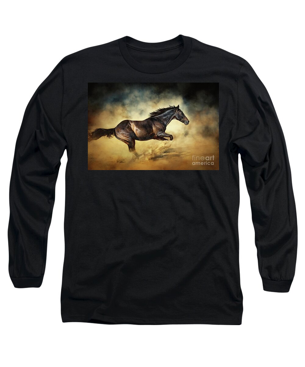 Horse Long Sleeve T-Shirt featuring the photograph Black Stallion horse Galloping like a devil by Dimitar Hristov