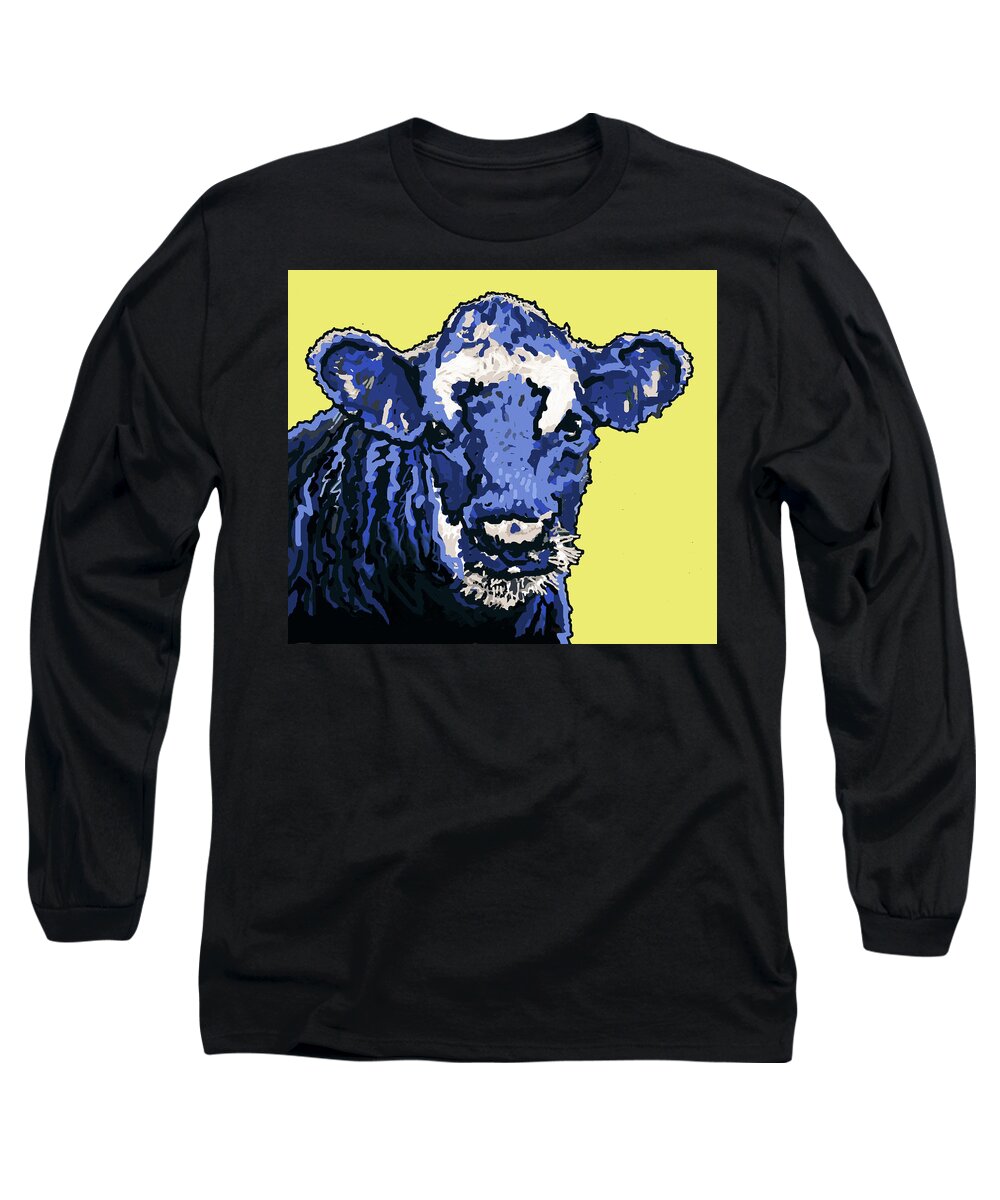Cow Long Sleeve T-Shirt featuring the painting Blue Cow by Richard De Wolfe