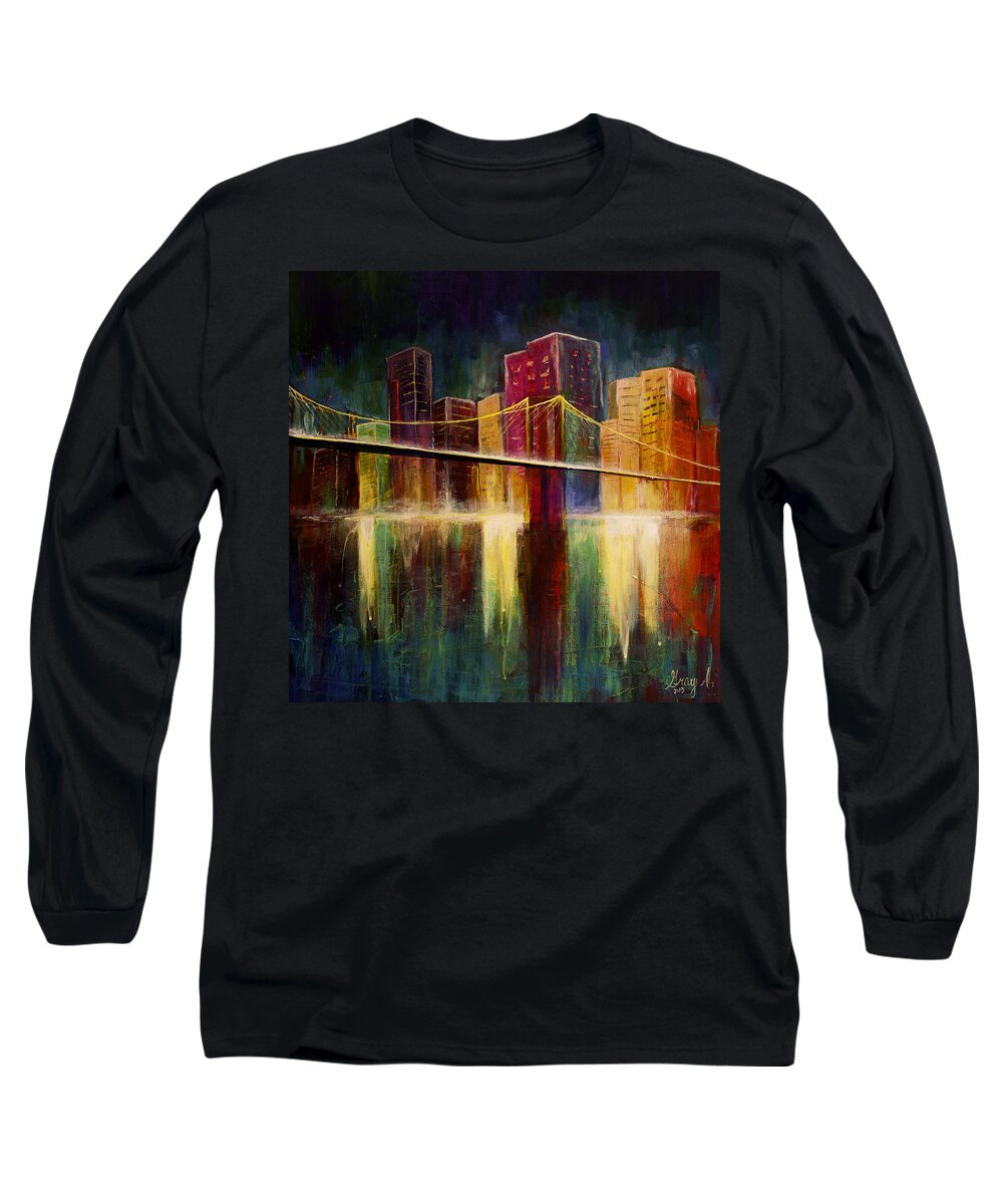 City Scape Long Sleeve T-Shirt featuring the painting Brooklyn Bridge by Gray Artus