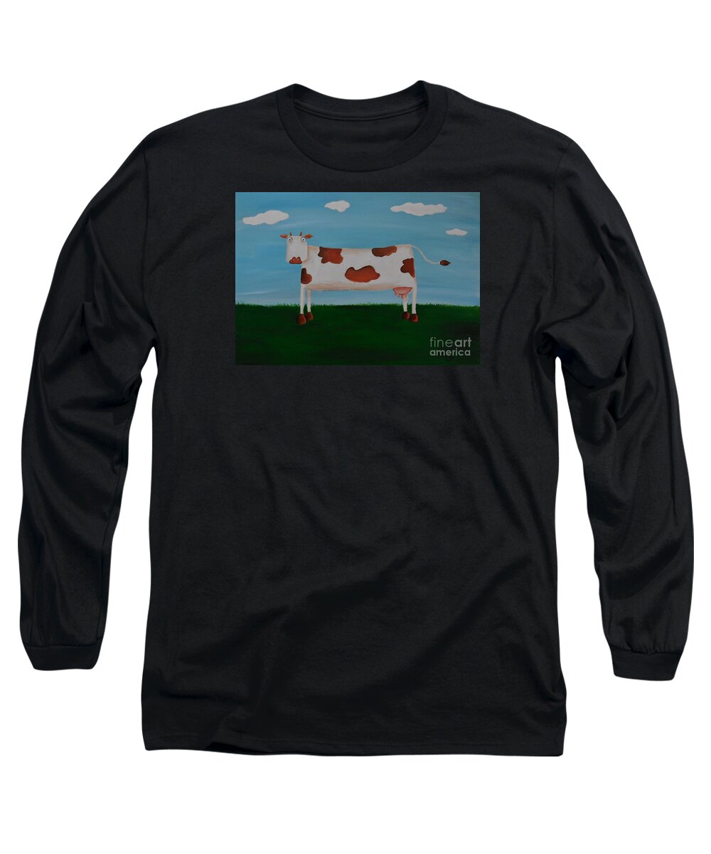 Cow Long Sleeve T-Shirt featuring the painting Brown Spotted Cow by Cami Lee