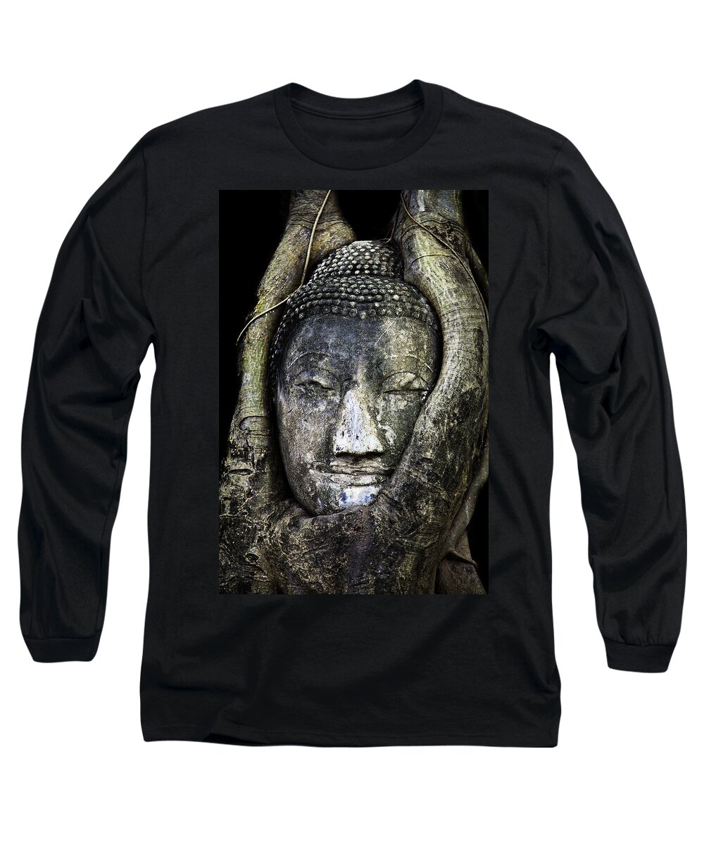 Buddha Head Long Sleeve T-Shirt featuring the photograph Buddha Head in Banyan Tree by Adrian Evans