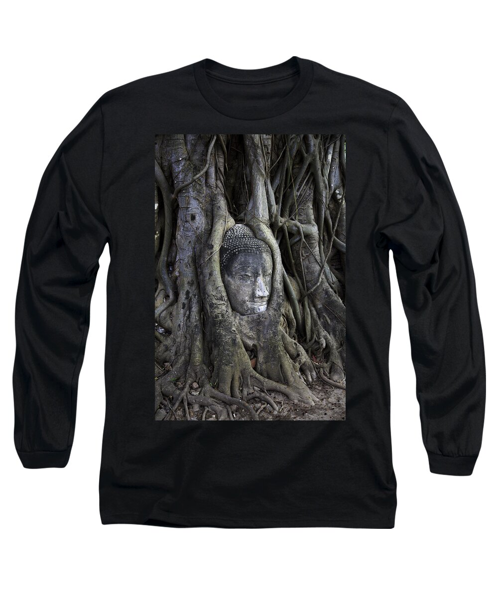 Buddha Head In Tree Long Sleeve T-Shirt featuring the photograph Buddha Head in Tree by Adrian Evans