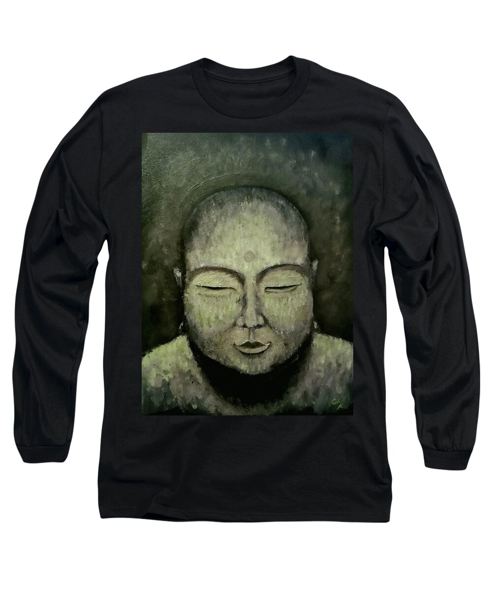 Buddha Long Sleeve T-Shirt featuring the painting Buddha in Green by Carole Hutchison