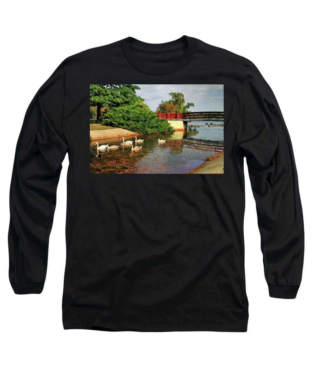 Recent Long Sleeve T-Shirt featuring the photograph Sayreville NJ bridge and swan family by Geraldine Scull