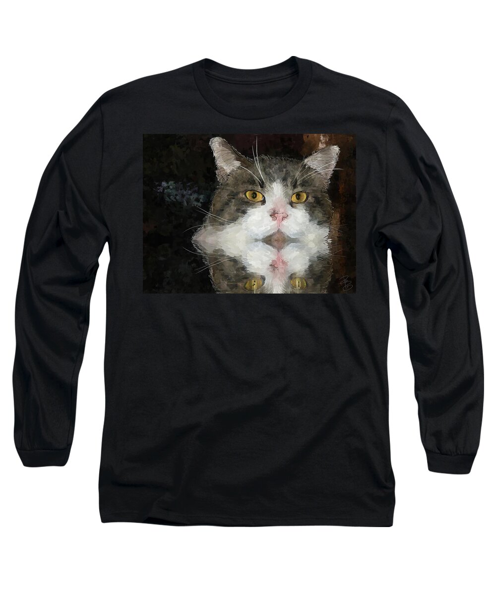 Animal Long Sleeve T-Shirt featuring the digital art Cat at the table by Debra Baldwin