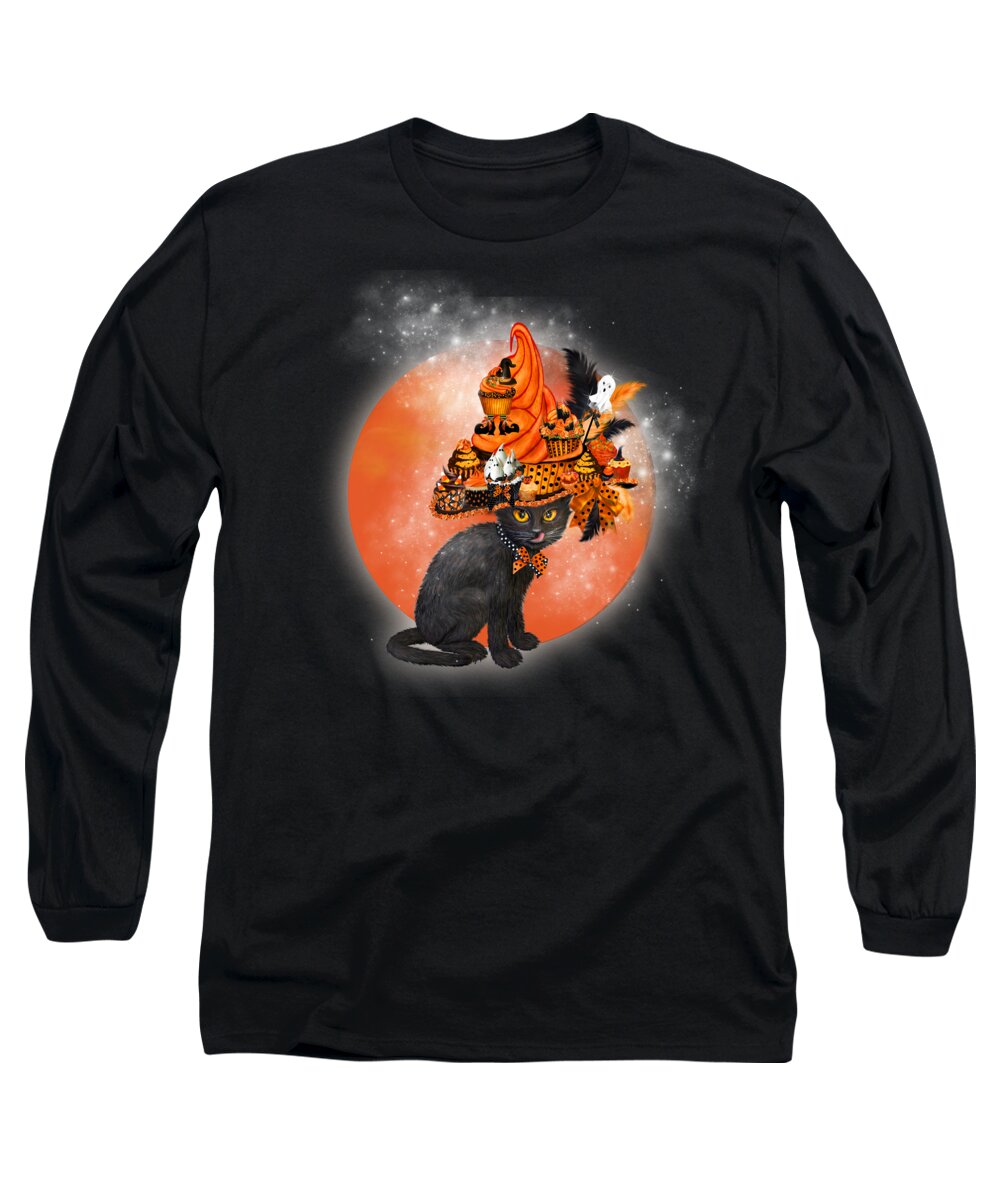 Cat Art Long Sleeve T-Shirt featuring the painting Cat In Halloween Cupcake Hat by Carol Cavalaris
