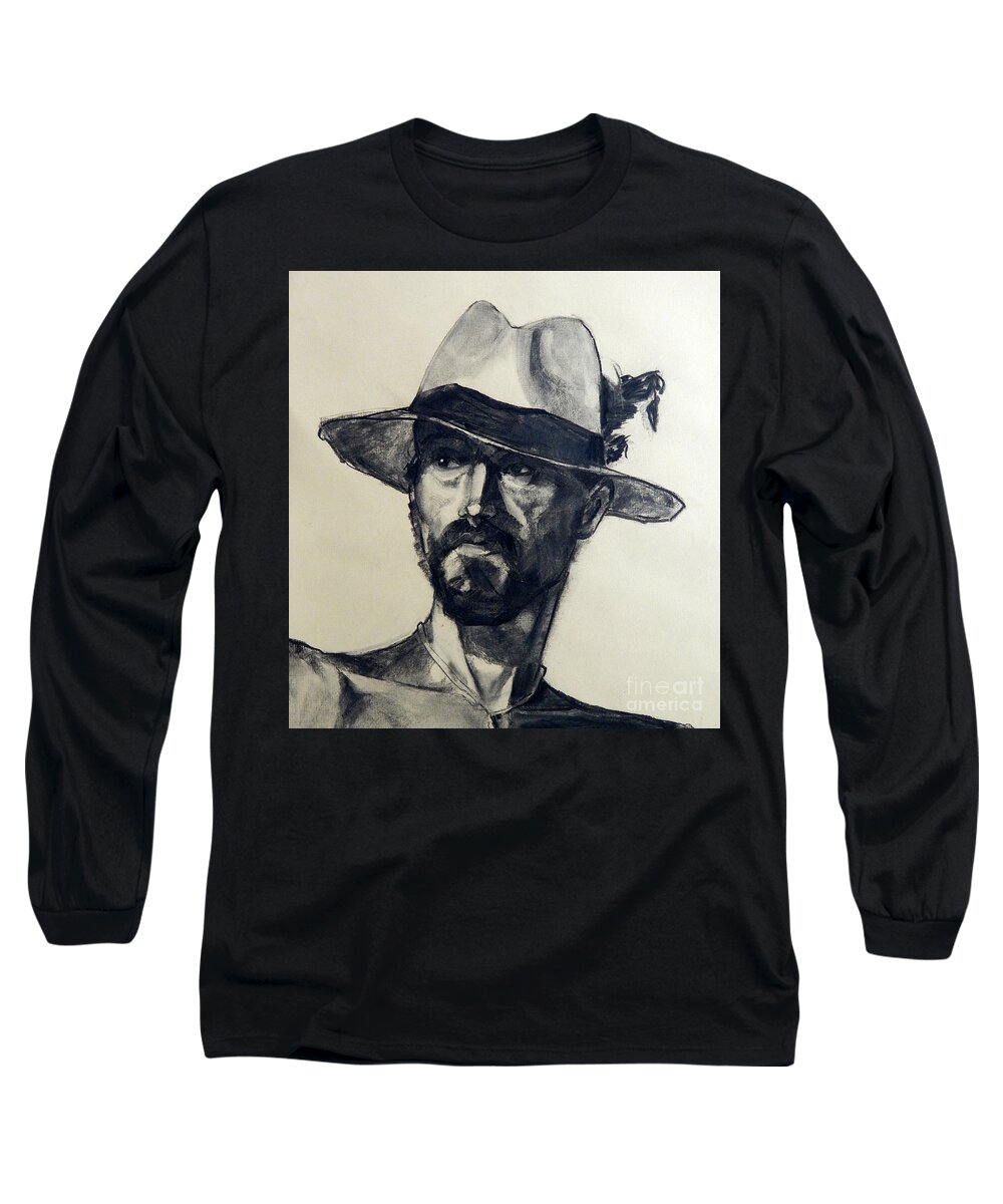 Greta Corens Portraits Long Sleeve T-Shirt featuring the painting Charcoal Portrait of a Man Wearing a Summer Hat by Greta Corens