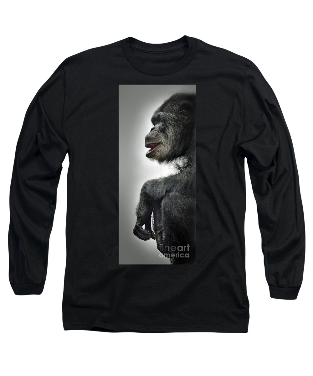 Chimpanzee With A Treat In His Mouth Long Sleeve T-Shirt featuring the photograph Chimpanzee Profile Vignetee Effect by Jim Fitzpatrick