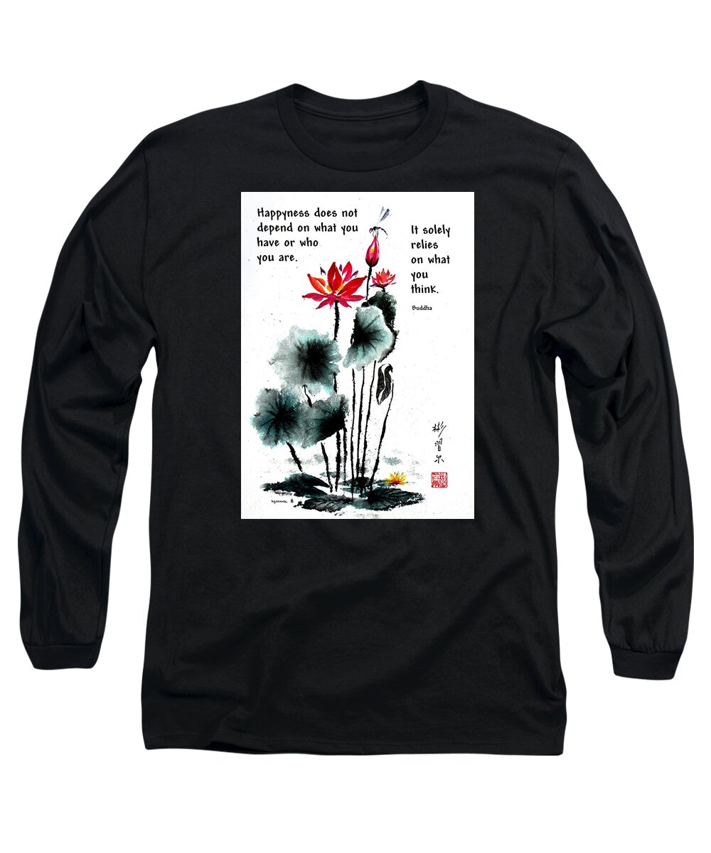 Chinese Brush Painting Long Sleeve T-Shirt featuring the painting China Garden with Buddha Quote by Bill Searle