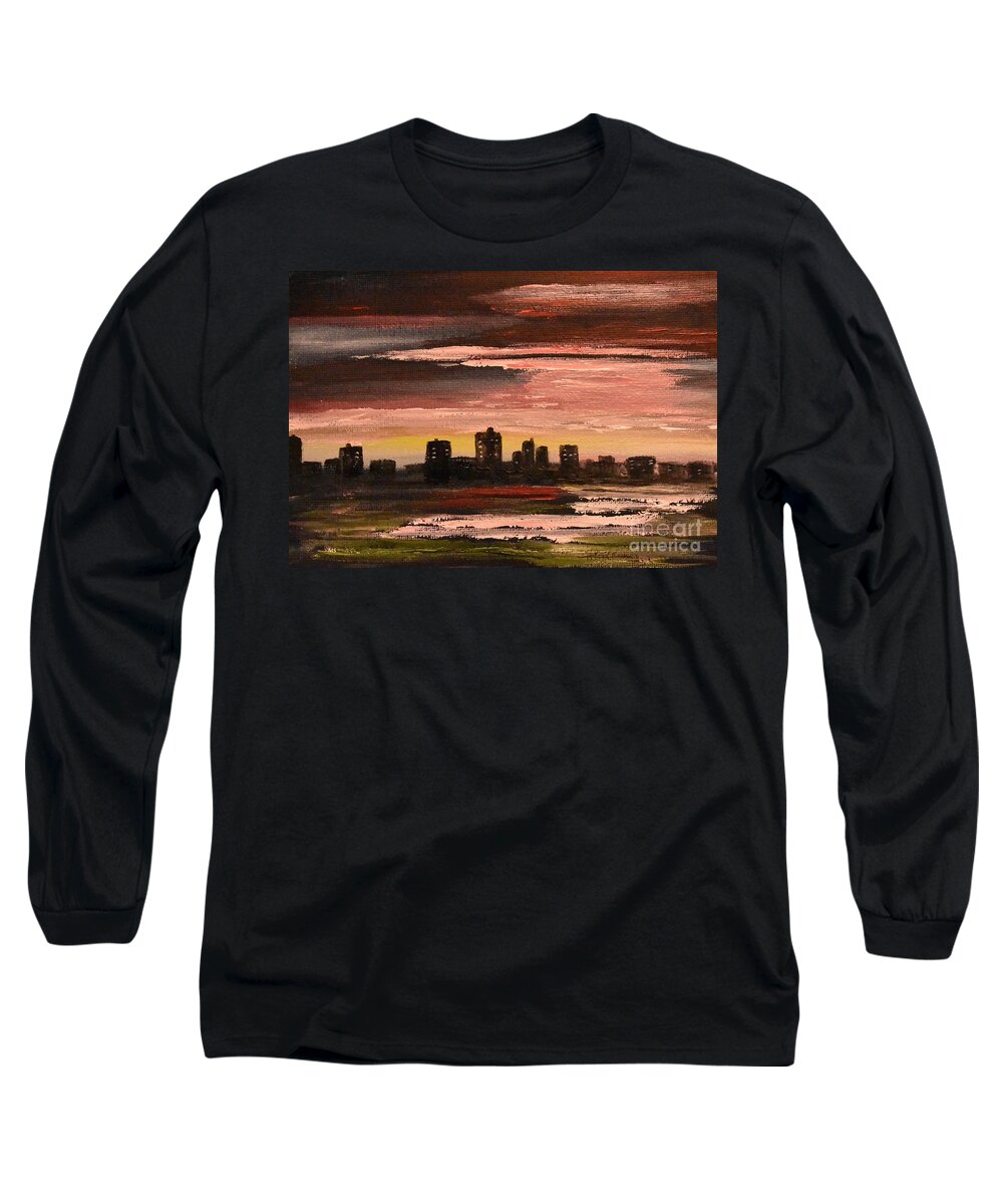 City Long Sleeve T-Shirt featuring the painting City At Night by Monika Shepherdson