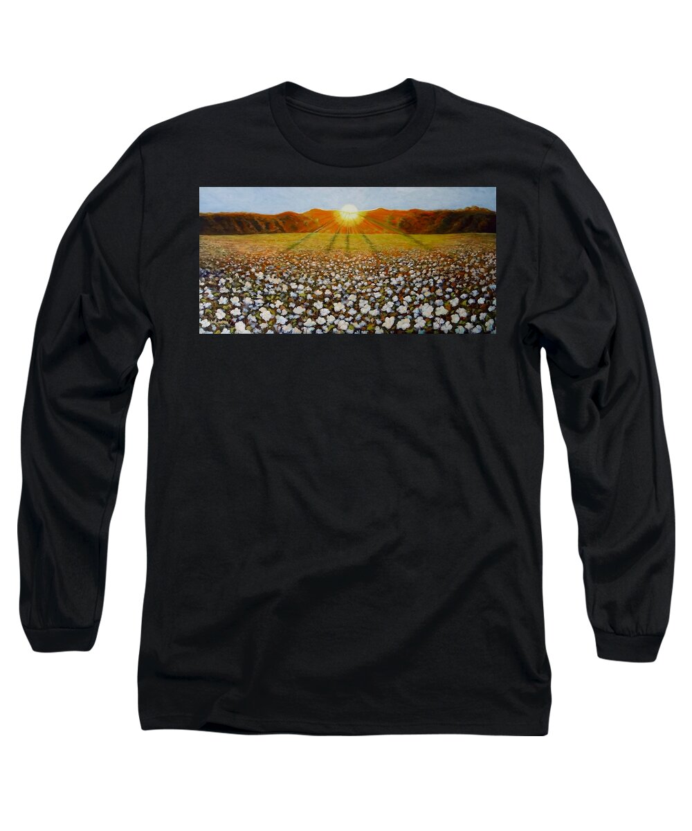 Cotton Long Sleeve T-Shirt featuring the painting Cotton Field Sunset by Jeanette Jarmon