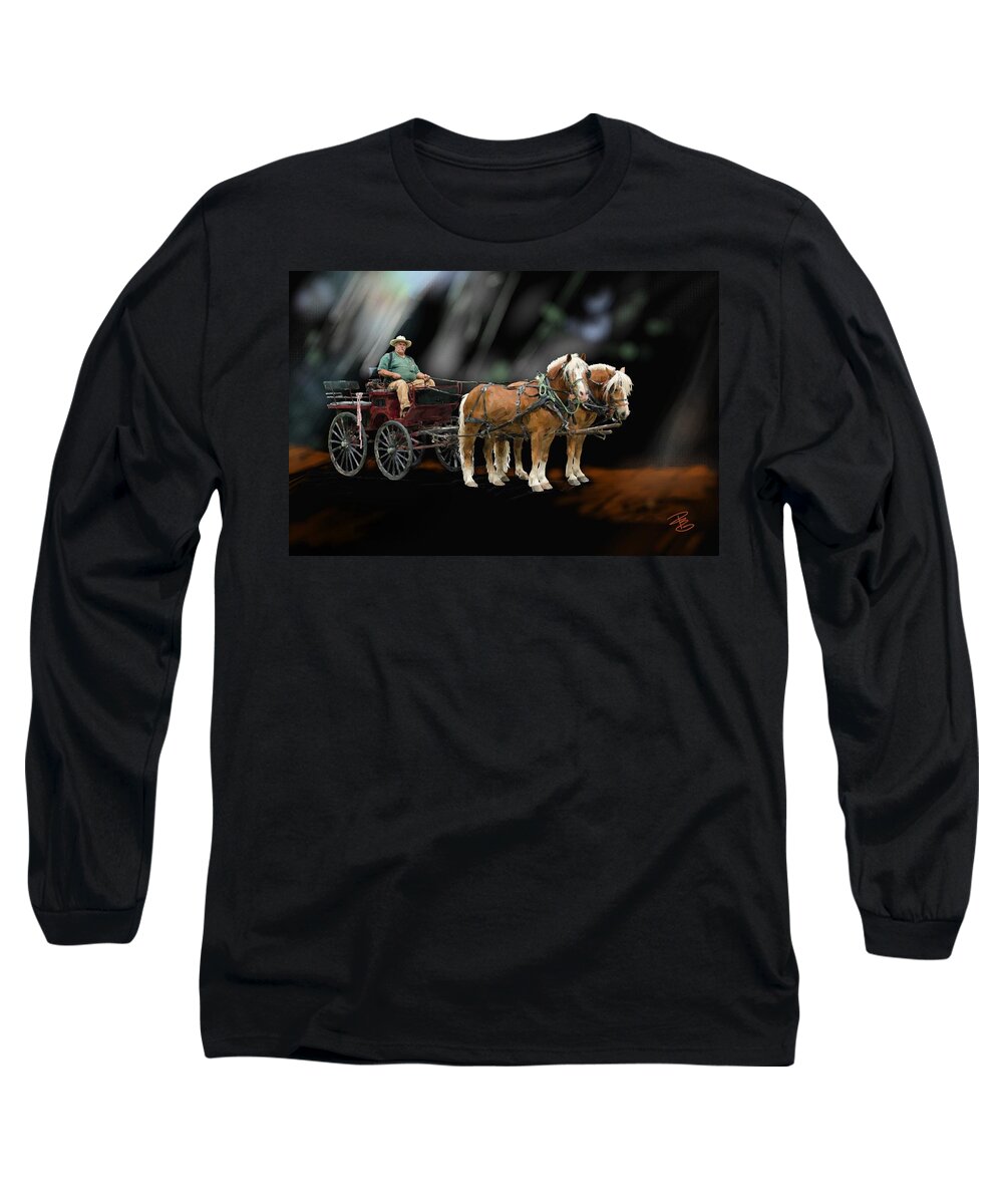 Animal Long Sleeve T-Shirt featuring the digital art Country road horse and wagon by Debra Baldwin