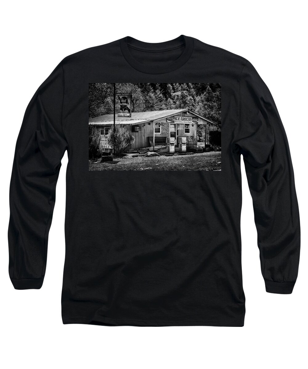 Store; Grocery Store; Lake Burton; Georgia; Black And White; Countryside Long Sleeve T-Shirt featuring the photograph Ice, Grocery by Mick Burkey