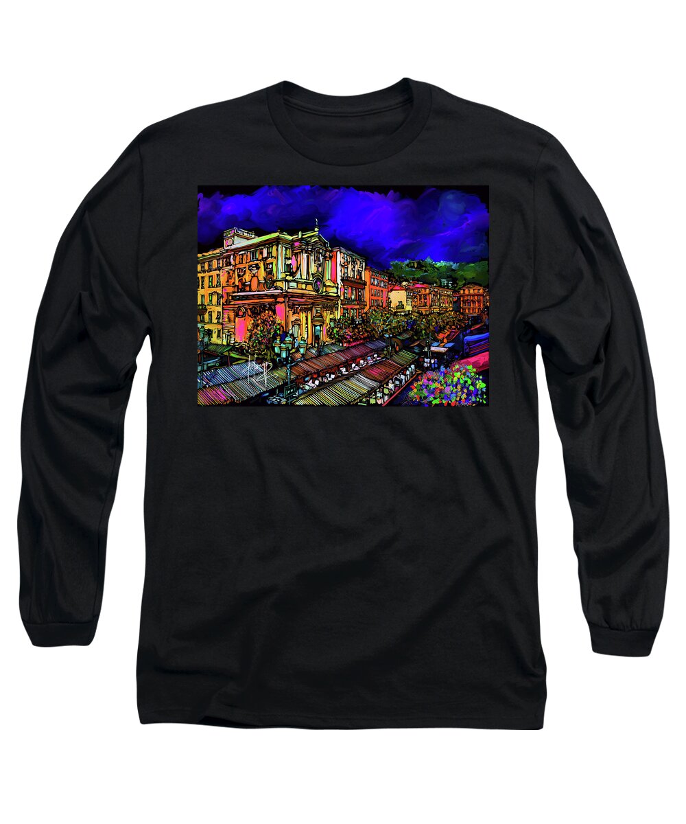 Marche Aux Fleurs Long Sleeve T-Shirt featuring the painting Cours Saleya, Nice, France by DC Langer