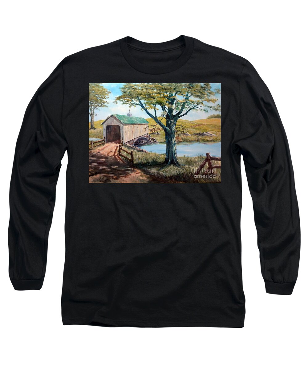 Covered Bridge Long Sleeve T-Shirt featuring the painting Covered Bridge, Americana, Folk Art by Lee Piper