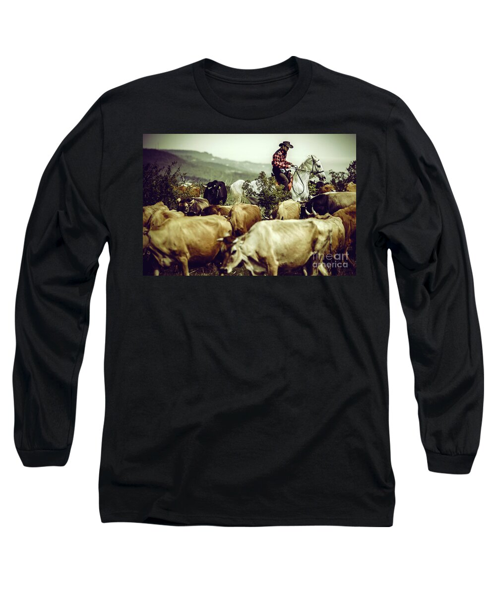 Horse Long Sleeve T-Shirt featuring the photograph Cowboy on cattle round by Dimitar Hristov