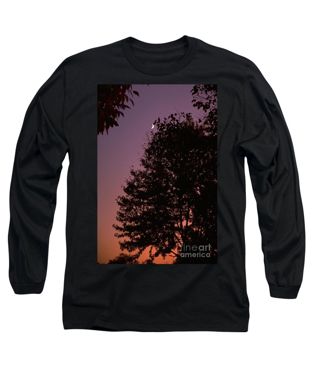 Trees Long Sleeve T-Shirt featuring the photograph Crescent Moon and Tree Silhouette at dusk by Sven Brogren