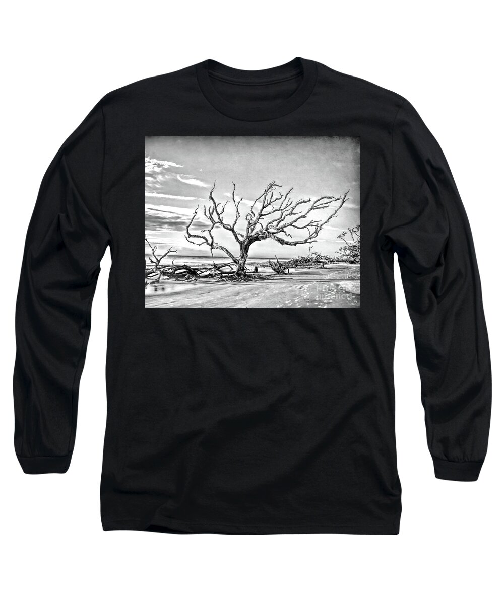 Driftwood Beach Long Sleeve T-Shirt featuring the photograph Driftwood Beach - Black and White by Kerri Farley