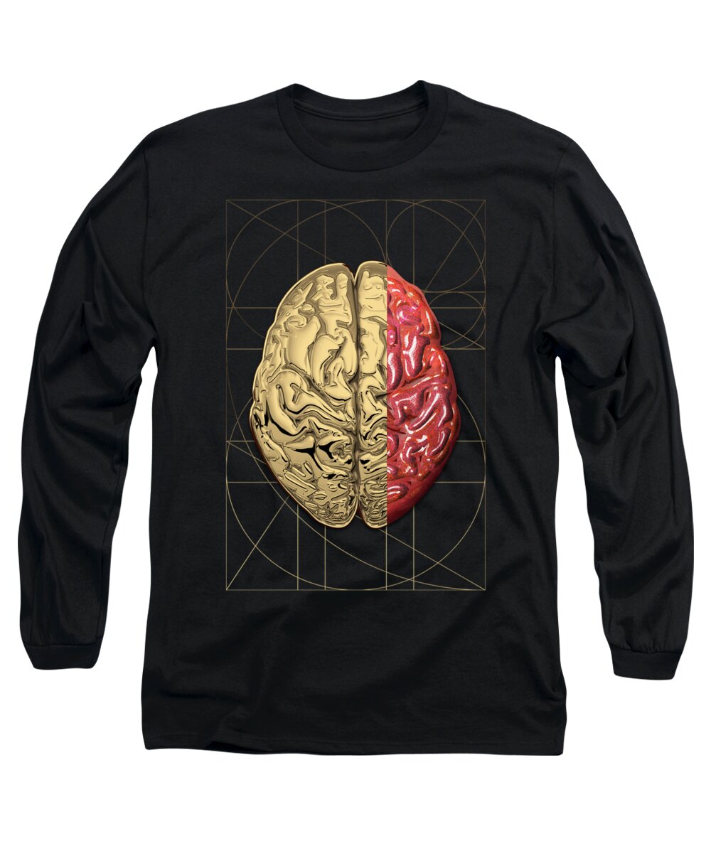 'dualities' Collection By Serge Averbukh Long Sleeve T-Shirt featuring the digital art Dualities - Half-Gold Human Brain on Black and White Canvas by Serge Averbukh
