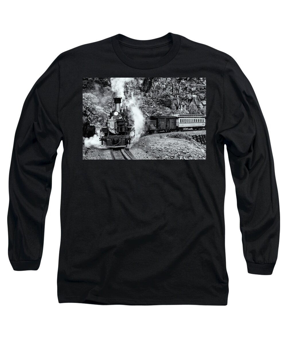 Trains Long Sleeve T-Shirt featuring the photograph Durango Silverton Train BandW by Angela Moyer