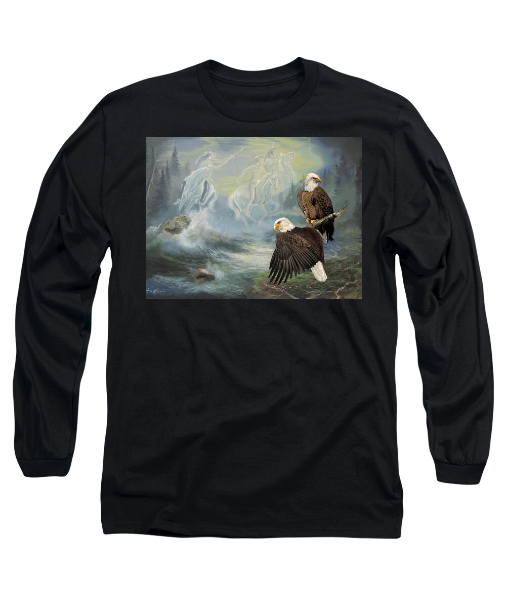  Animals Long Sleeve T-Shirt featuring the painting Eagels and Native American Spirit Riders by Regina Femrite