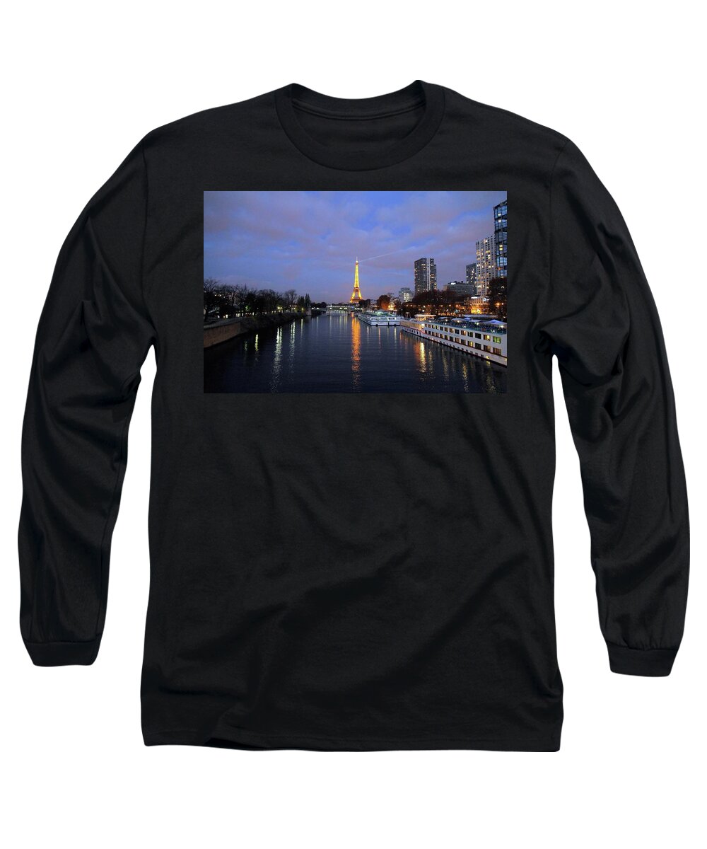 Photosbymch Long Sleeve T-Shirt featuring the photograph Eiffel Tower over the Seine by M C Hood