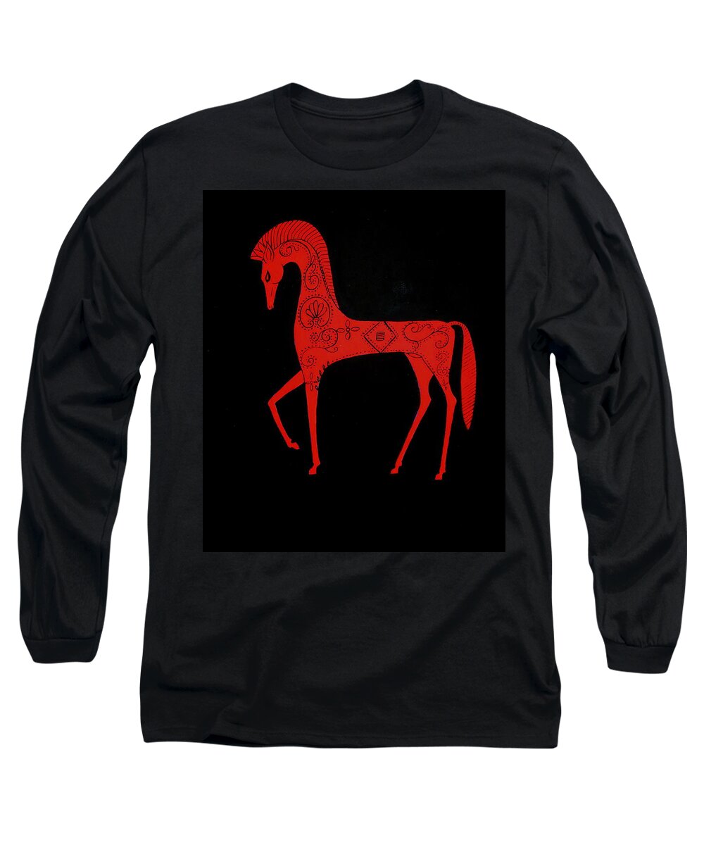 Stylized Horse Long Sleeve T-Shirt featuring the painting Etruscan Horse by Stephanie Moore