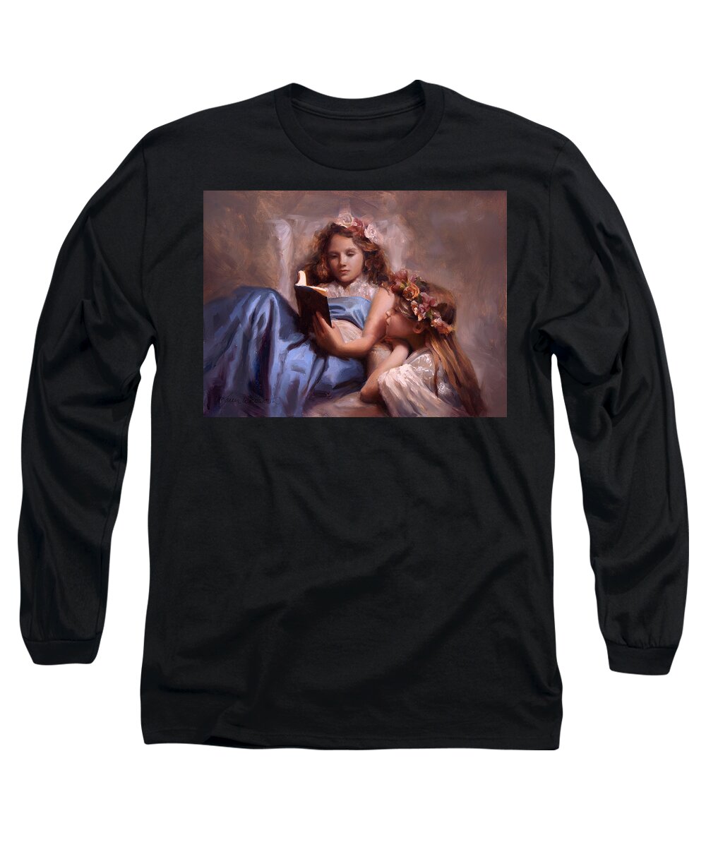 Painting Of Girls Reading Long Sleeve T-Shirt featuring the painting Fairytales and Lace - Portrait of Girls Reading a Book by K Whitworth