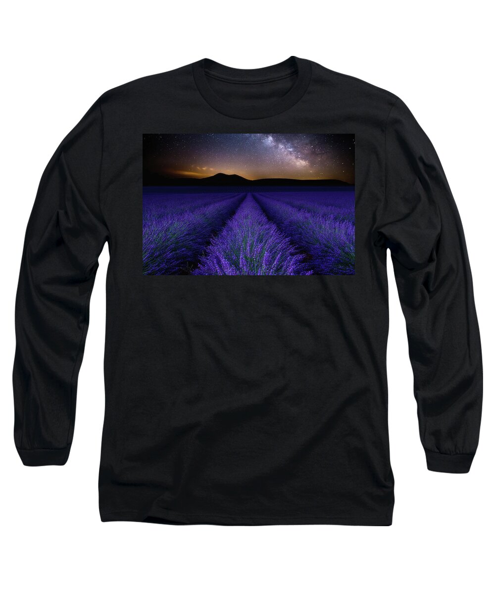 Night Stars Waterscape Lavender Mood Fields Provence Milkyway Clouds Nature Blue Sky Landscape Scenic Sea Nightscape Wonder Clouds Europe Long Sleeve T-Shirt featuring the photograph Fields of Eden by Jorge Maia