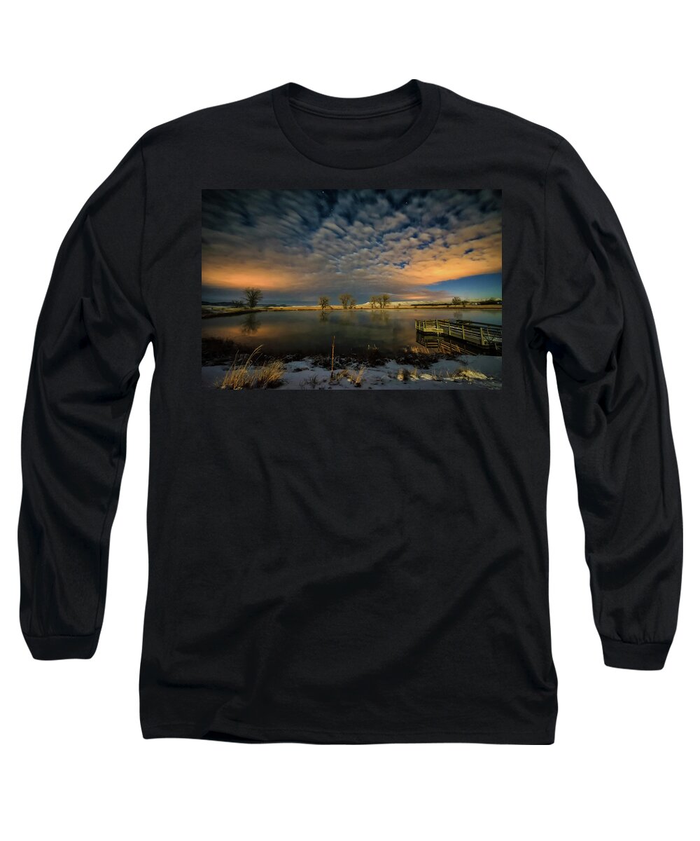Pond Fishing_hole Night Stars Landscape Long Sleeve T-Shirt featuring the photograph Fishing Hole at Night by Fiskr Larsen