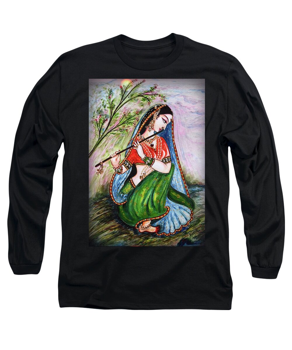 Radha Long Sleeve T-Shirt featuring the painting Flute Player by Harsh Malik