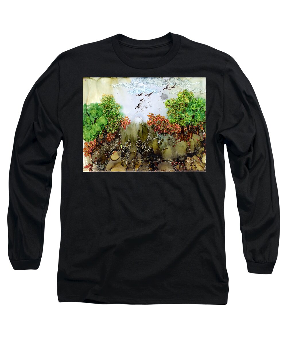 Abstract Landscape Long Sleeve T-Shirt featuring the painting Flying to Shangri-La by Charlene Fuhrman-Schulz