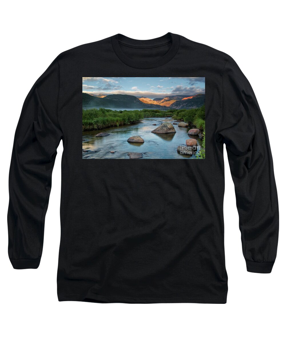 Rocky Mountain National Park Long Sleeve T-Shirt featuring the photograph Fog Rolls in on Moraine Park and the Big Thompson River in Rocky by Ronda Kimbrow