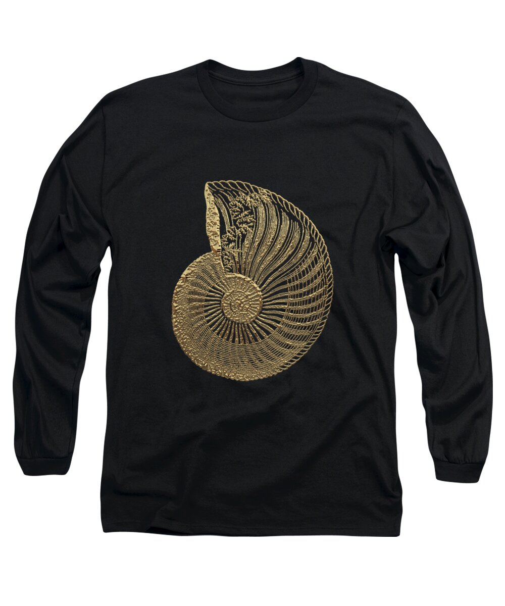 'fossil Record' Collection By Serge Averbukh Long Sleeve T-Shirt featuring the digital art Fossil Record - Golden Ammonite Fossil on Square Black Canvas #1 by Serge Averbukh