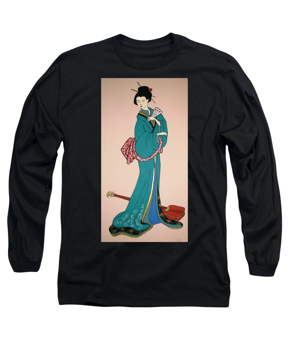 Geisha Long Sleeve T-Shirt featuring the painting Geisha with Guitar by Stephanie Moore