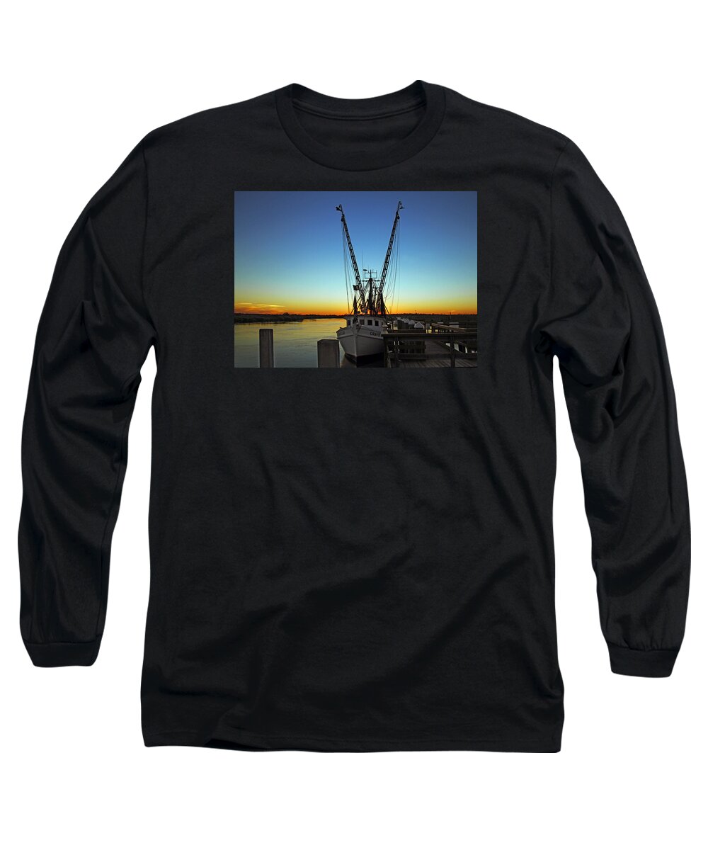 River Long Sleeve T-Shirt featuring the photograph Georgia Fishing Boat Sunset by Bob Slitzan