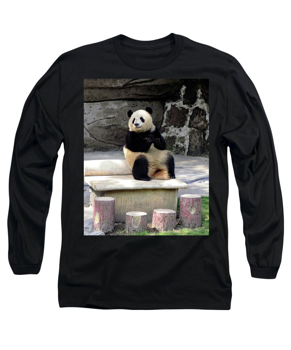 Giant Panda Sitting On Stone Bench Long Sleeve T-Shirt featuring the photograph Giant Panda on Bench by Sally Weigand