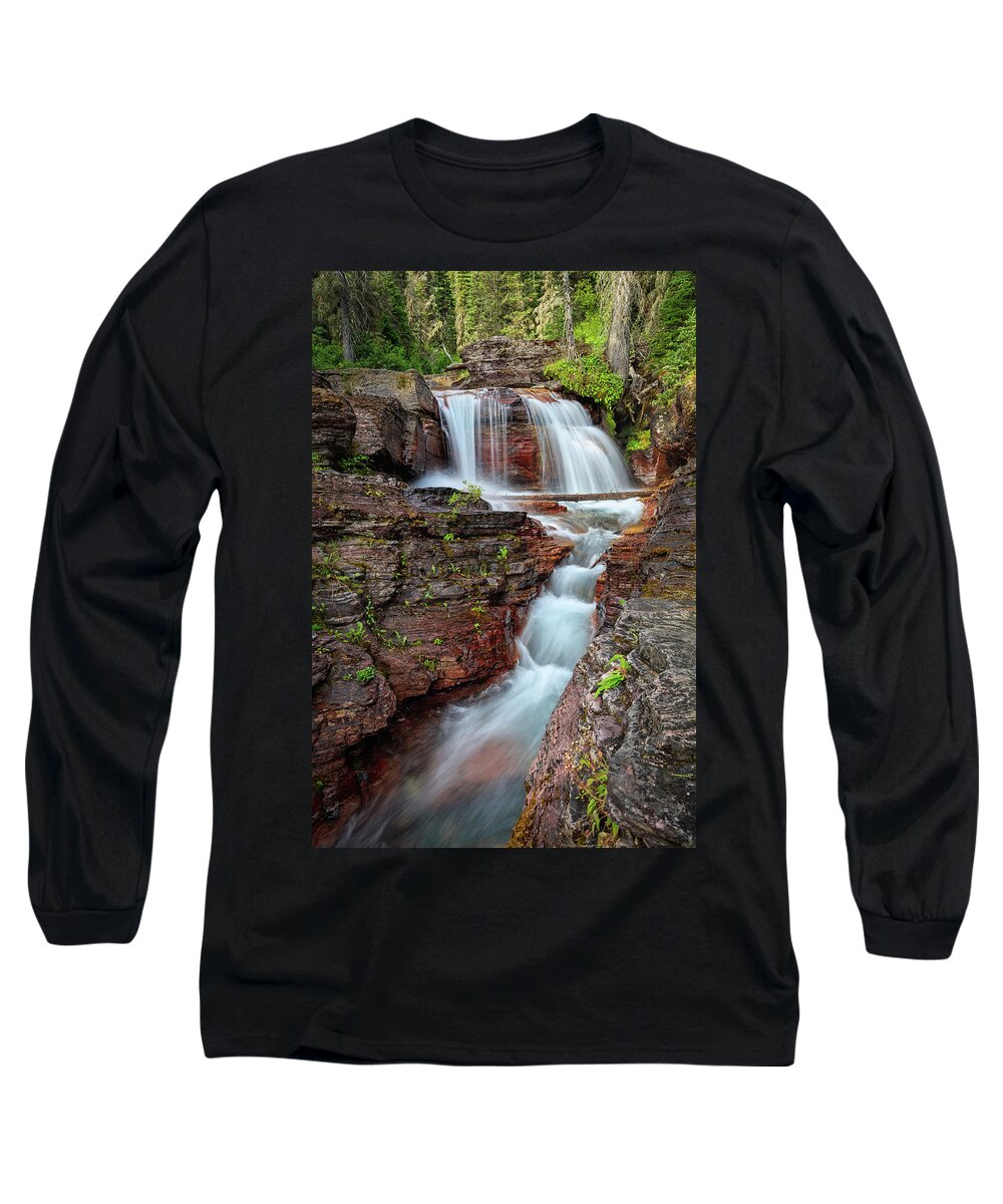 Landscape Long Sleeve T-Shirt featuring the photograph Glacier National Park Waterfall 2 by Andres Leon
