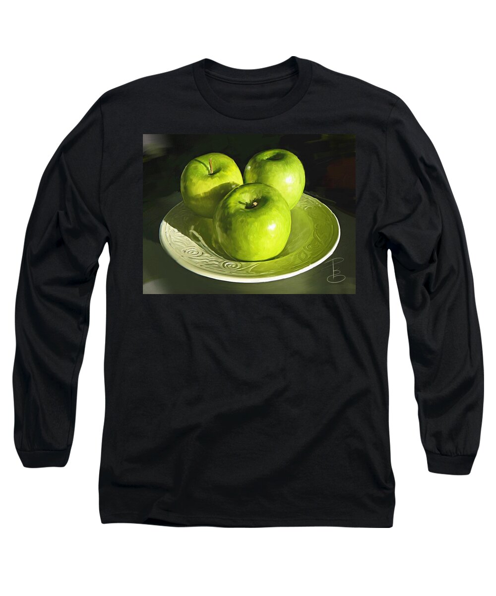 Apple Long Sleeve T-Shirt featuring the digital art Green apples in a white bowl by Debra Baldwin