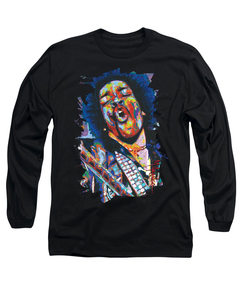 Jimi Hendrix Long Sleeve T-Shirt featuring the painting Hendrix by Maria Arango