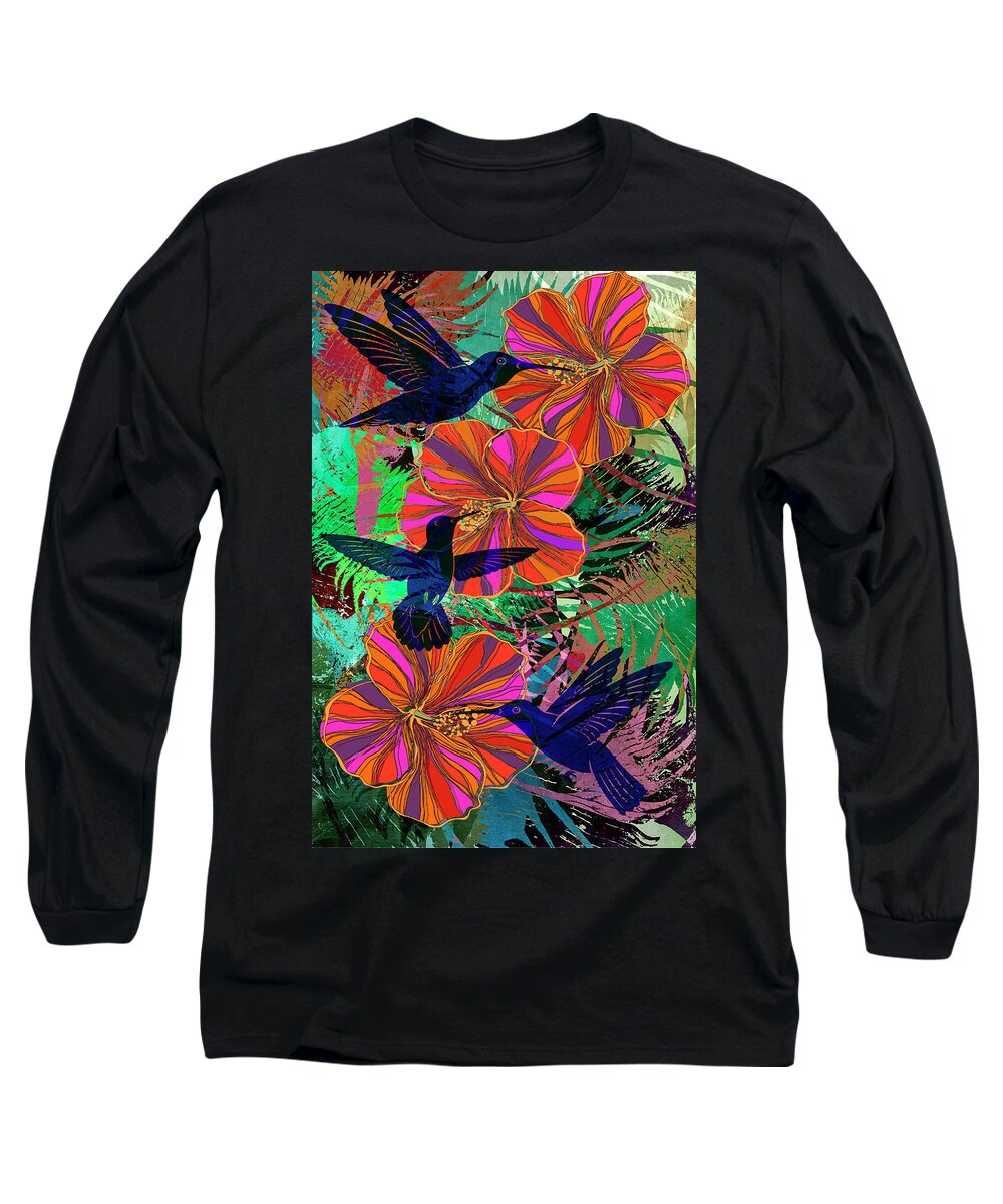 Long Sleeve T-Shirt featuring the digital art Hibiscus and Hummers by Sandra Selle Rodriguez