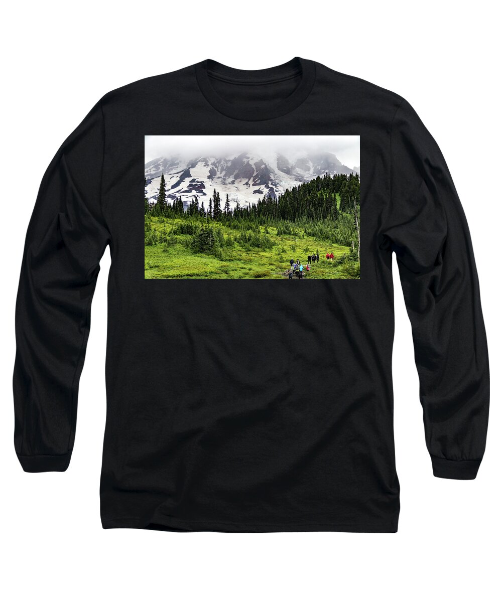 Cascade Long Sleeve T-Shirt featuring the photograph Hiking on Mount Rainier by Roslyn Wilkins