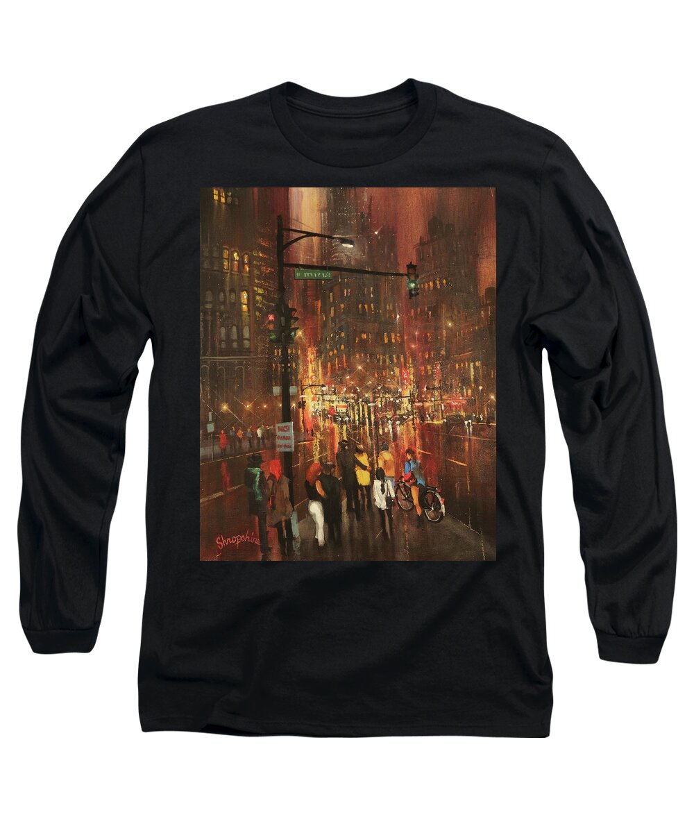 ; Christmas Shopping Long Sleeve T-Shirt featuring the painting Holiday Shoppers by Tom Shropshire