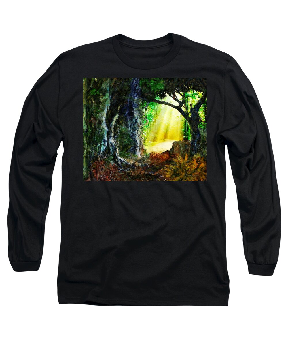 Dark; Forest; Depression; Hope; Comfort; Woods; Trees; Path; Travel; Wander; Wandering; Woods; Painting Long Sleeve T-Shirt featuring the digital art Hope by Frances Miller