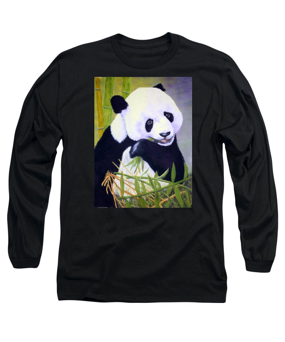 Animal Long Sleeve T-Shirt featuring the painting Hungry Panda by Nancy Jolley