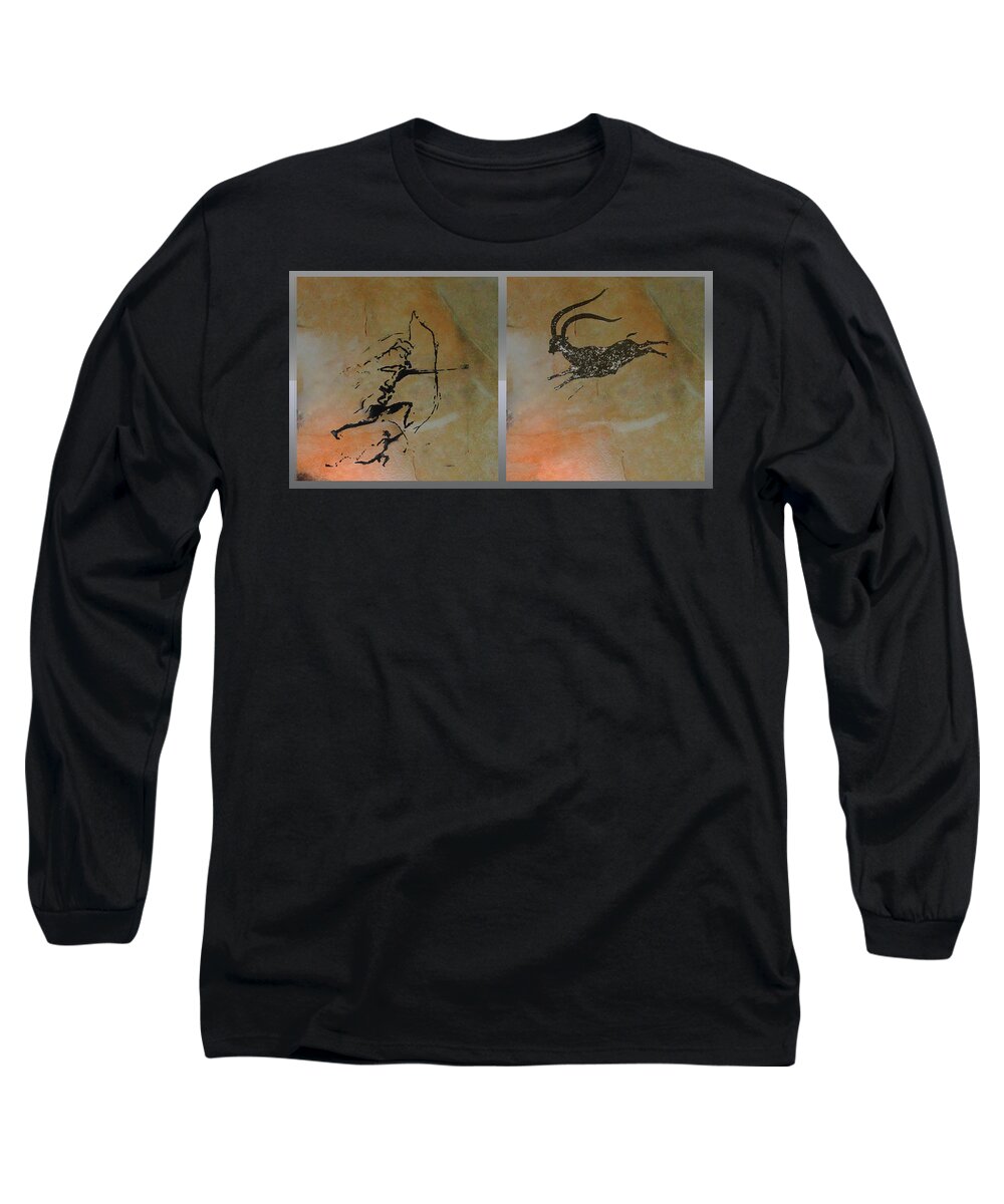 Levantine Art Long Sleeve T-Shirt featuring the mixed media Hunting Ibex at Cova Remigia by Asok Mukhopadhyay