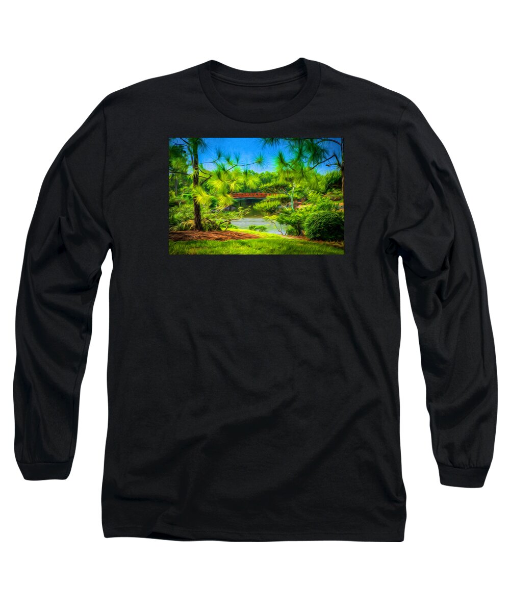 Reflections # Impressionist Art # Impressionistic # Tranquil Scene # Serenity Garden # Japanese Gardens # Water Reflections #lake # Rocks # Trees # Water # Bridge # Colorful Scene # Peaceful Park # Morikami #serenity Long Sleeve T-Shirt featuring the digital art Japanese gardens by Louis Ferreira