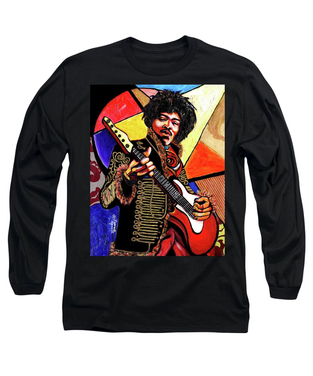 Abstract Long Sleeve T-Shirt featuring the mixed media Jimi Hendrix by Everett Spruill